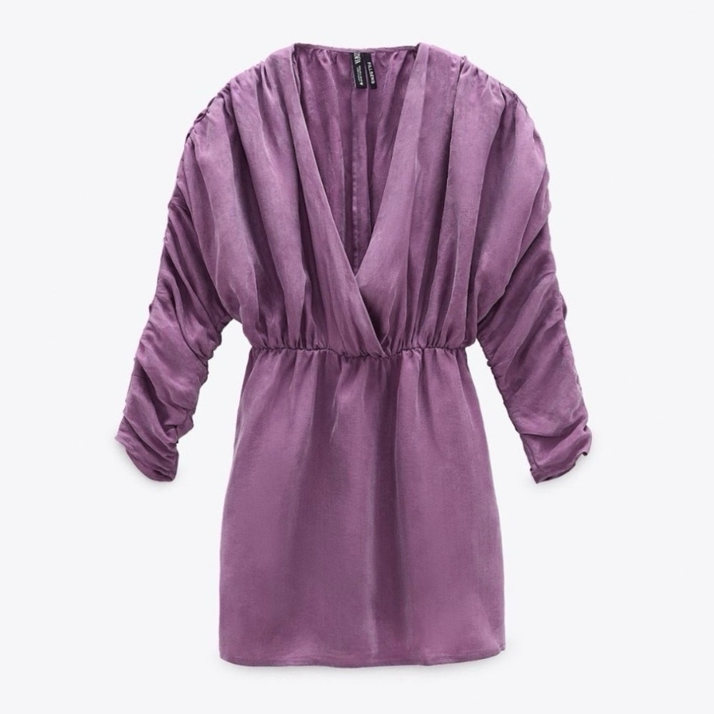 ZARA Fillsens Purple Silky Lyocell Mini Dress S Ruched Sleeve V-Neck Party NWT